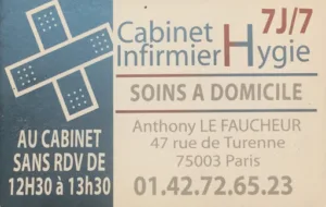 Cabinet infirmier Anthony Le Faucheur le Marec 01.42.72.65.23. à Paris
